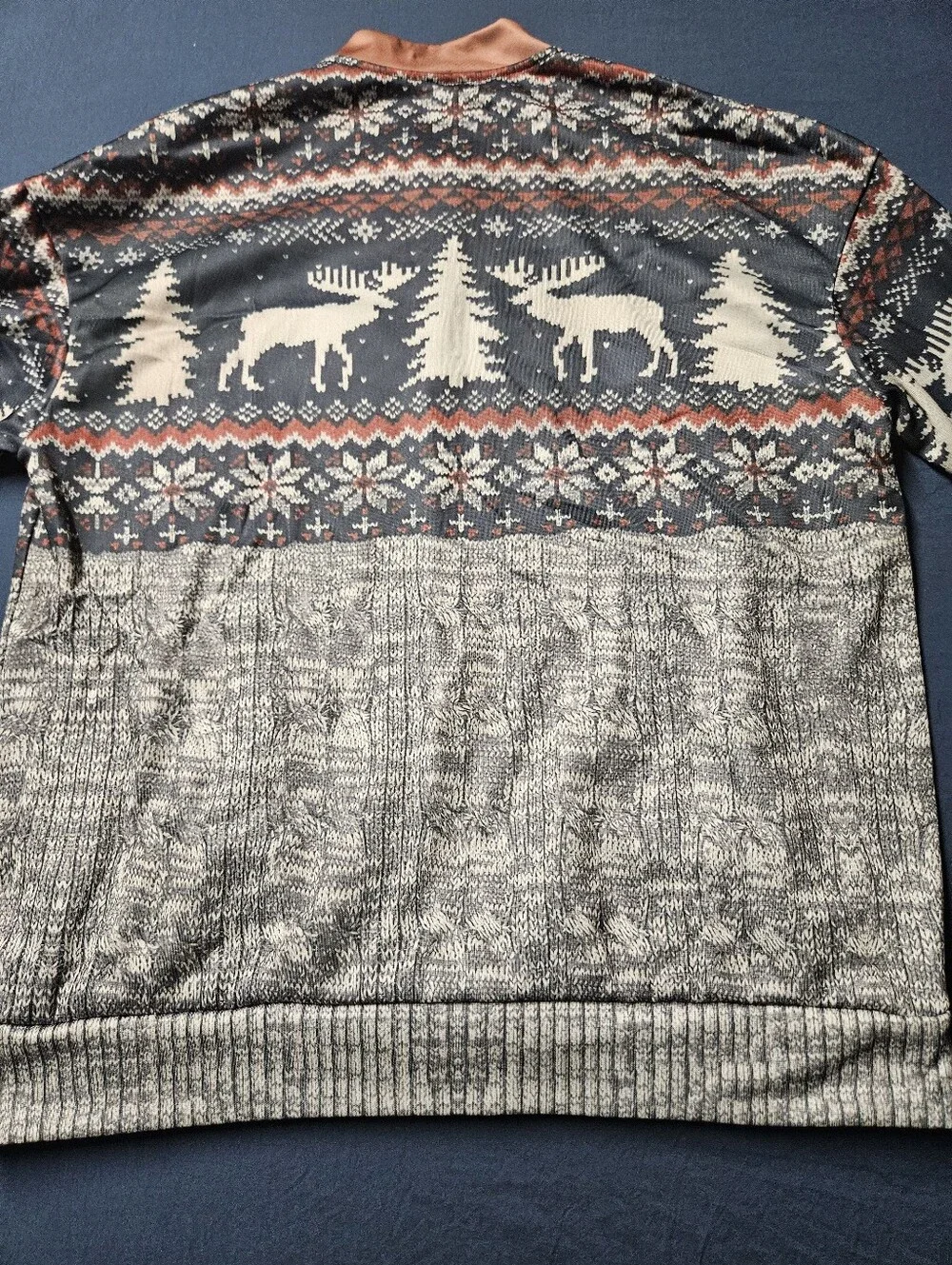 Fair Isle Zip Pullover with Reindeer & Elbow Patches - Navy, Cream & Rust